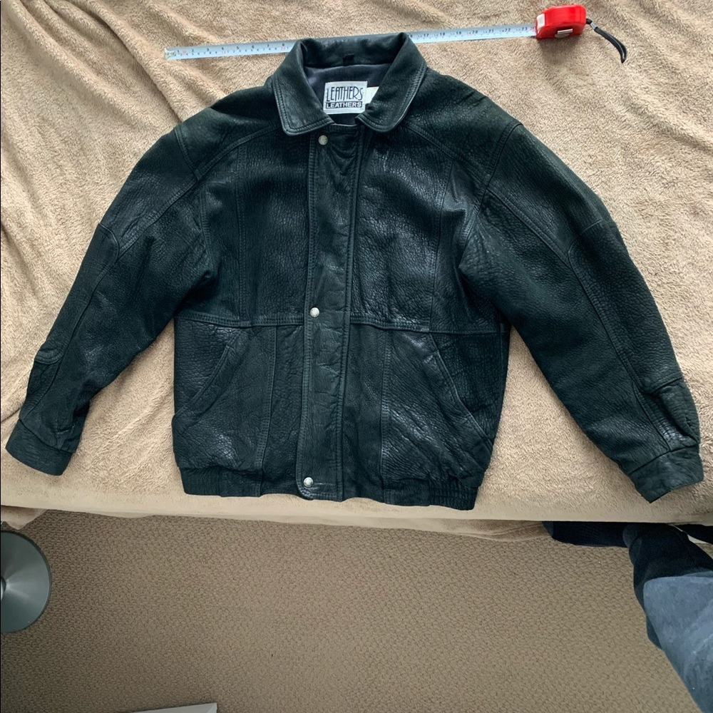 Black/Green Leather Bomber Jacket